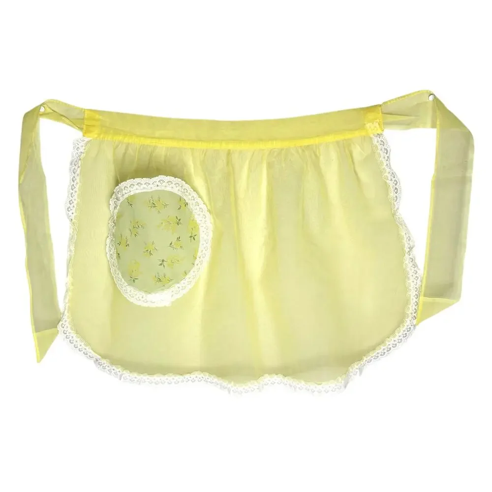 Vintage Sheer Yellow Chiffon Hostess Half Apron Lace Trim Floral Pocket Handmade